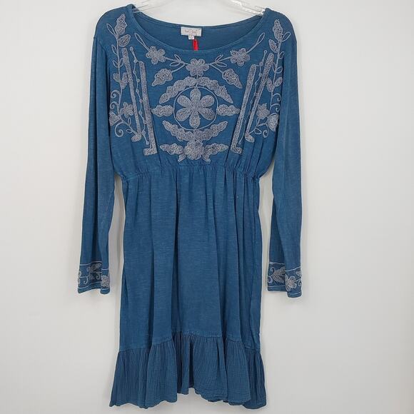 Luv 2 Luv Dresses & Skirts - Luv 2 Luv Blue Embroidered Kurti Dress Women Large Long Sleeve Boho Cotton Blend